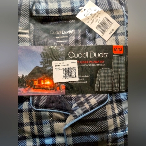 Men's Cuddl Duds Cozy Lodge Notch Collar Top & Bottoms Pajama Set - Navy Plaid - Picture 6 of 9